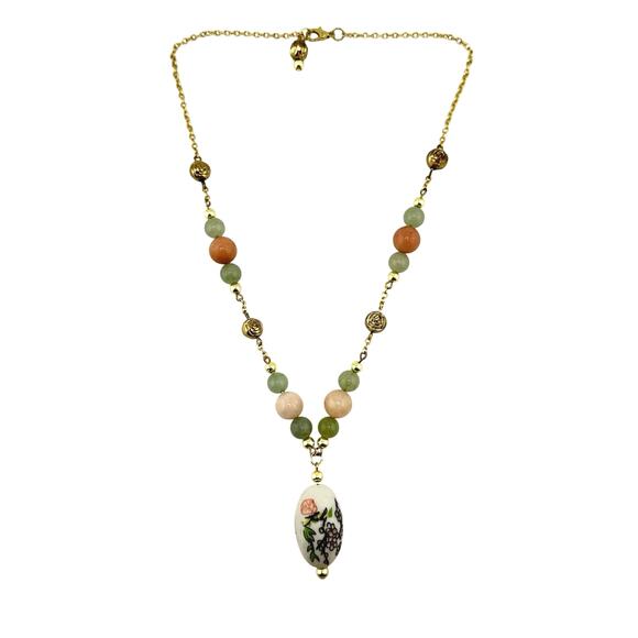 Handmade Green Jade Pink Jadeite Vintage Painted Glass Upcycled Beads Necklace - Picture 1 of 4